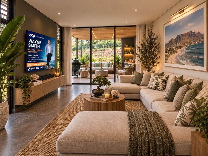 Modern open-plan living room featuring large sliding glass doors that provide seamless access to a covered patio area.