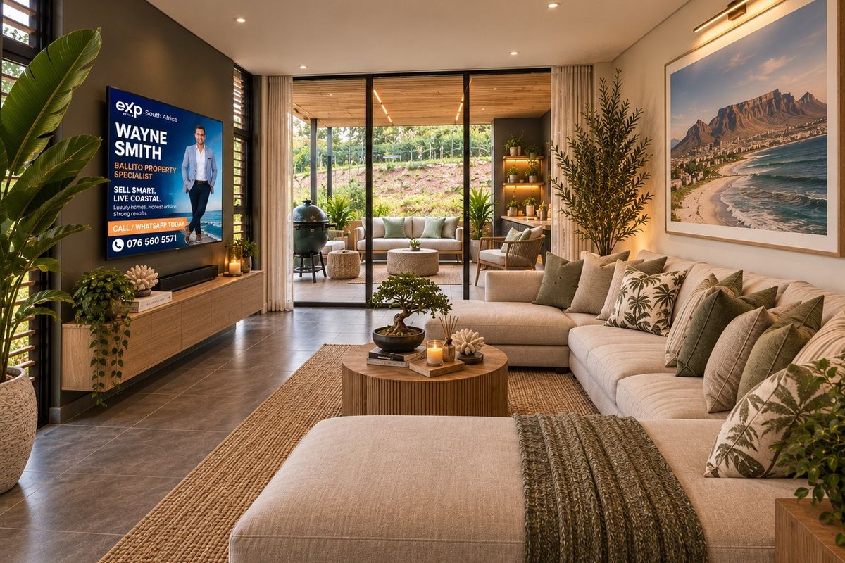 Modern open-plan living room featuring large sliding glass doors that provide seamless access to a covered patio area.