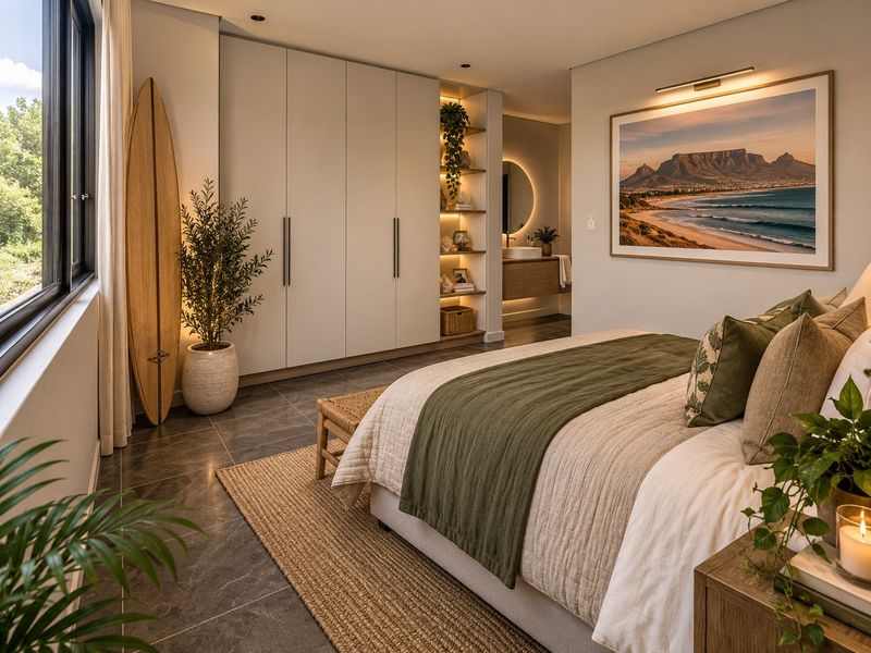 Modern bedroom featuring built-in cupboards, recessed shelving, tiled flooring, and direct access to an en-suite bathroom with high-quality finishes.