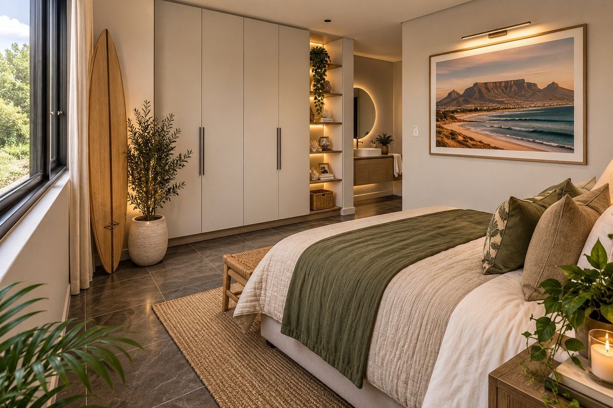 Modern bedroom featuring built-in cupboards, recessed shelving, tiled flooring, and direct access to an en-suite bathroom with high-quality finishes.