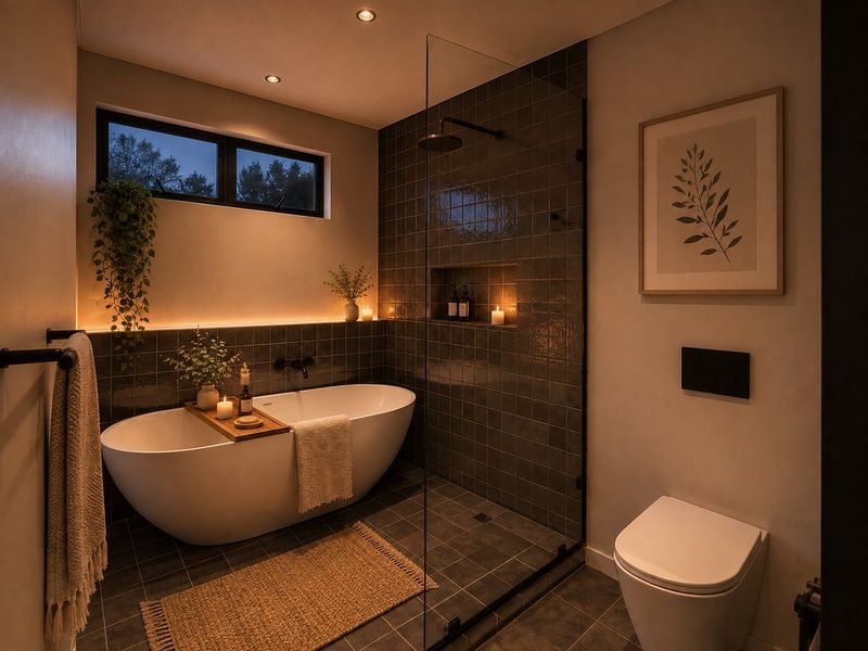 Modern bathroom featuring a freestanding bathtub, walk-in shower with glass partition, wall-mounted toilet, and dark tiled finishes with ambient recessed lighting.