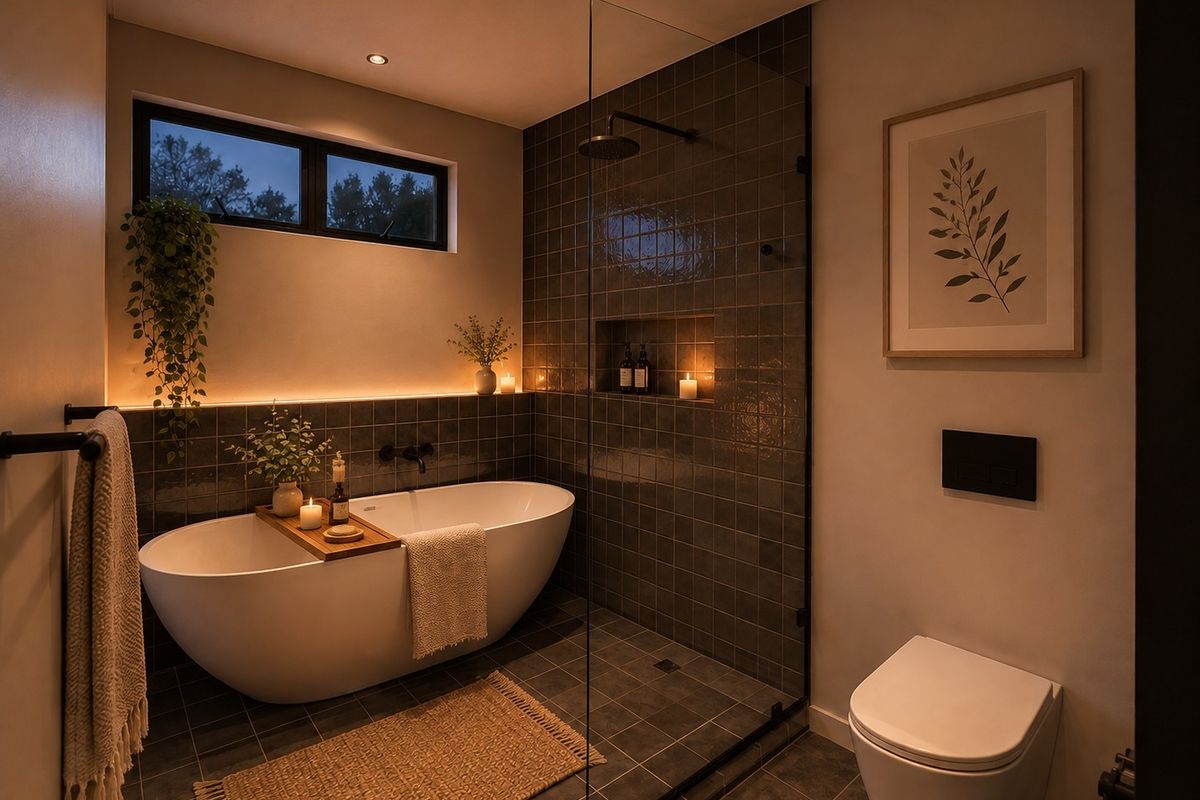 Modern bathroom featuring a freestanding bathtub, walk-in shower with glass partition, wall-mounted toilet, and dark tiled finishes with ambient recessed lighting.
