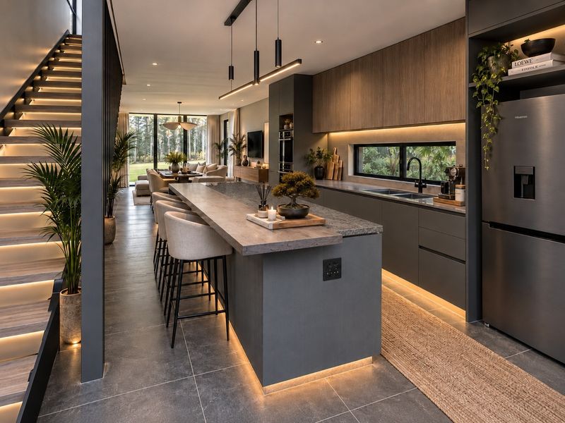 Modern open-plan kitchen and living area featuring a large island, sleek cabinetry, integrated lighting, and a contemporary staircase with illuminated treads.