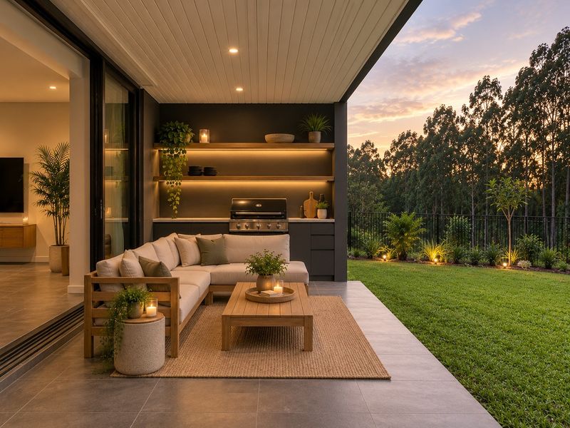 Covered outdoor patio featuring a built-in barbecue, integrated shelving with ambient lighting, tiled flooring, and seamless access to the garden and lawn area.
