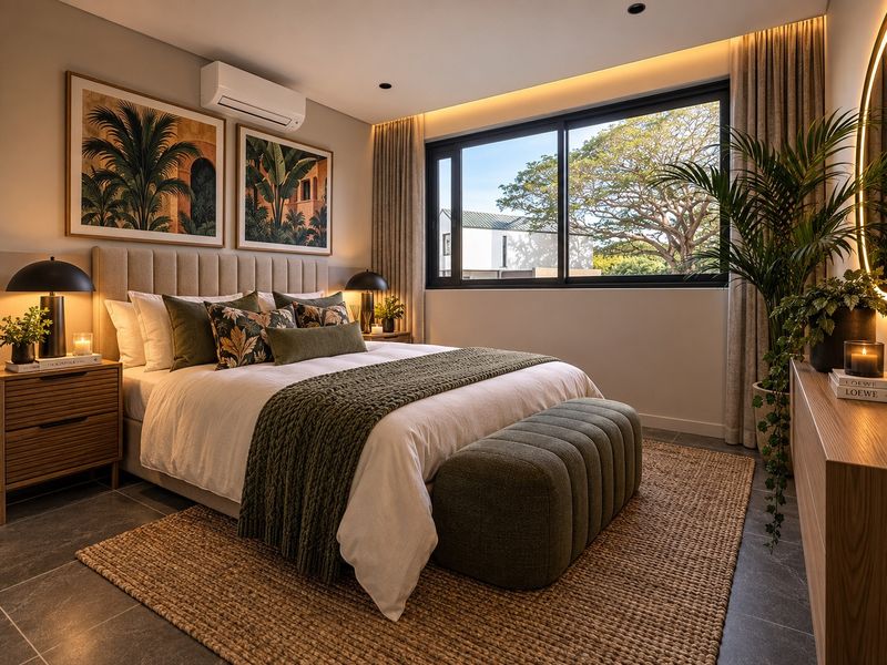 A modern, well-appointed bedroom featuring tiled floors, recessed and cove lighting, a split-system air conditioner, and large windows with natural light.