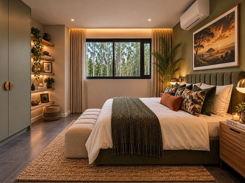 A modern, well-appointed bedroom featuring built-in cabinetry, recessed shelving, tiled floors, and a split-system air conditioning unit.