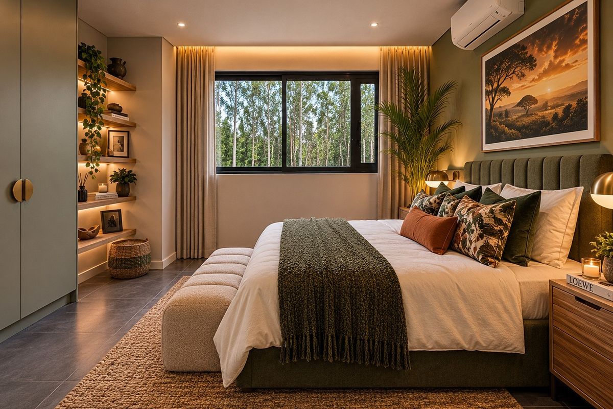 A modern, well-appointed bedroom featuring built-in cabinetry, recessed shelving, tiled floors, and a split-system air conditioning unit.