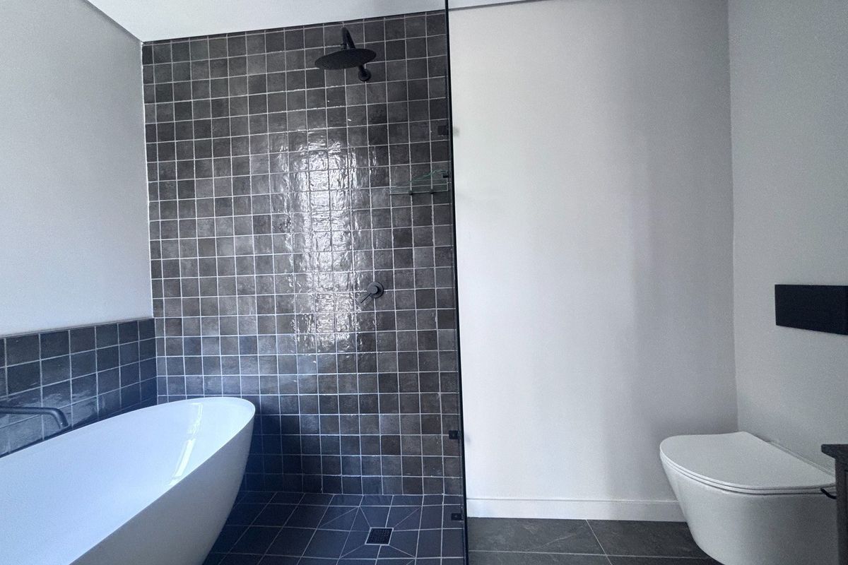 Modern bathroom featuring a sleek freestanding bathtub, a spacious walk-in shower with dark tiled accents, and a wall-mounted toilet.