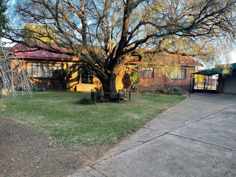 Front view of a single-story brick house featuring a tiled roof, a large mature tree in the front garden, and a concrete driveway with carport.