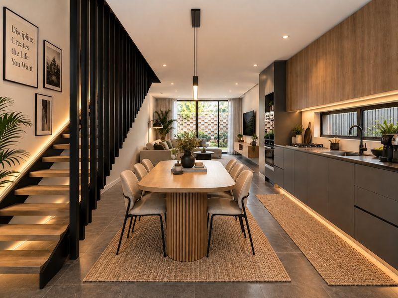 Modern open-plan living area featuring a sleek kitchen with integrated appliances, timber staircase with feature lighting, and seamless flow to the rear outdoor space.