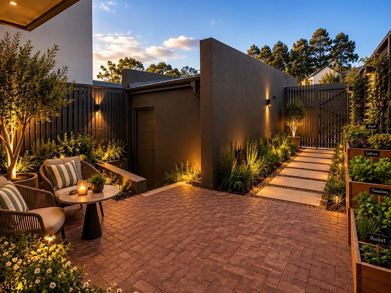 A beautifully landscaped outdoor patio featuring brick paving, raised garden beds, and ambient wall lighting, creating a serene and modern entertainment space.