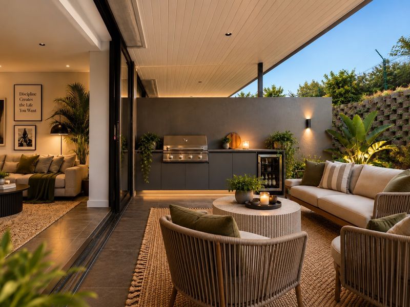 A modern covered patio featuring a built-in braai, beverage fridge, and seamless flow to the interior living area through large sliding glass doors.