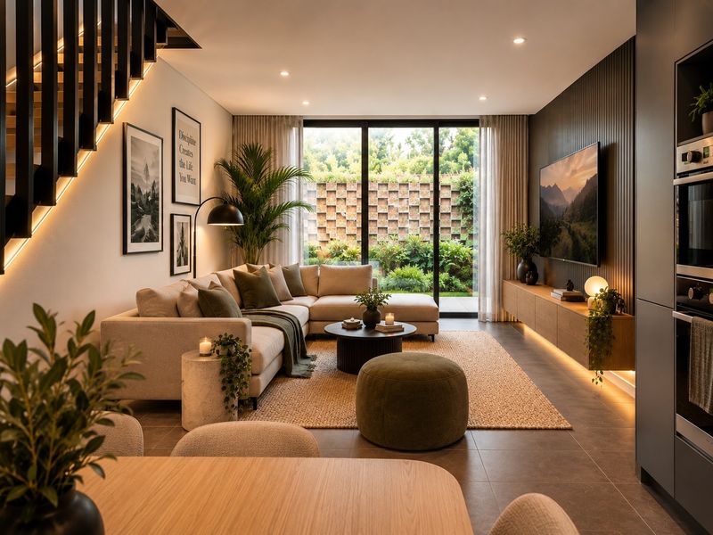 Modern open-plan living area featuring tiled floors, slatted feature wall, built-in cabinetry, and large sliding doors opening to a landscaped garden.