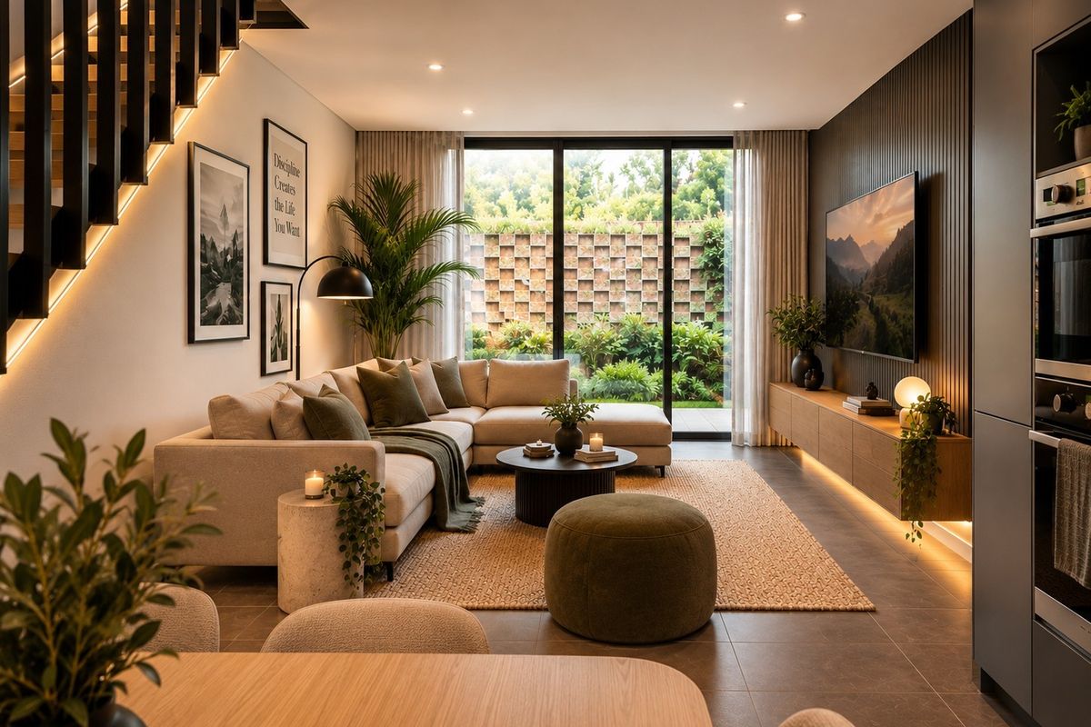 Modern open-plan living area featuring tiled floors, slatted feature wall, built-in cabinetry, and large sliding doors opening to a landscaped garden.