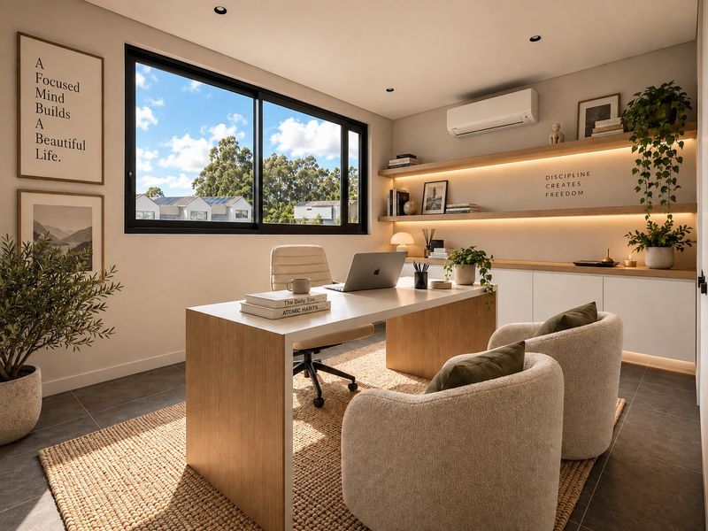 A modern, well-lit home office featuring built-in cabinetry, floating shelves with integrated lighting, a split-system air conditioner, and large sliding windows.