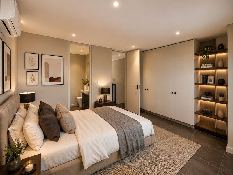 Modern bedroom featuring built-in cupboards, integrated LED-lit shelving, tiled flooring, and an en-suite bathroom, finished with recessed downlights and air conditioning.