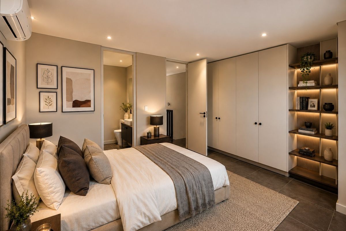 Modern bedroom featuring built-in cupboards, integrated LED-lit shelving, tiled flooring, and an en-suite bathroom, finished with recessed downlights and air conditioning.