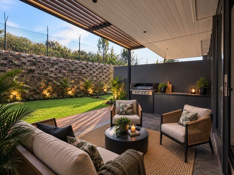 Modern covered patio featuring a built-in braai, sleek outdoor cabinetry, and timber decking, overlooking a landscaped garden with a feature retaining wall.