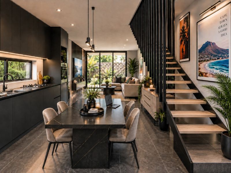 Modern open-plan living area featuring a sleek dark kitchen, dining space, and a contemporary staircase leading to the upper level with garden access.
