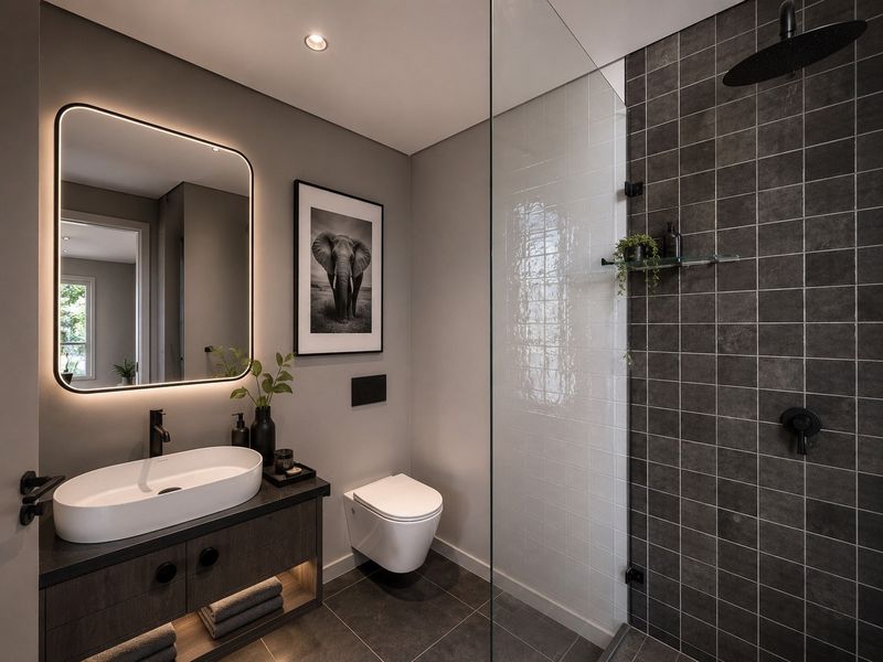 Modern bathroom featuring a wall-mounted toilet, walk-in shower with glass screen, vessel sink vanity, and contemporary dark tile finishes.