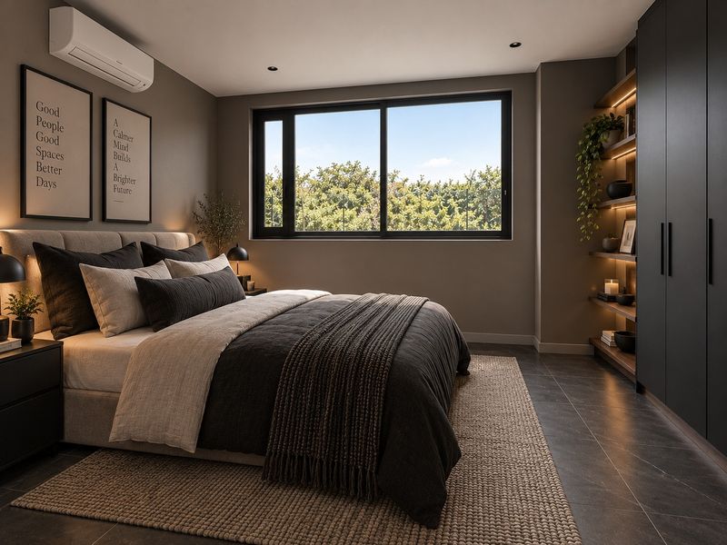 Modern bedroom featuring tiled flooring, built-in wardrobe, integrated shelving with accent lighting, and a split-system air conditioner.