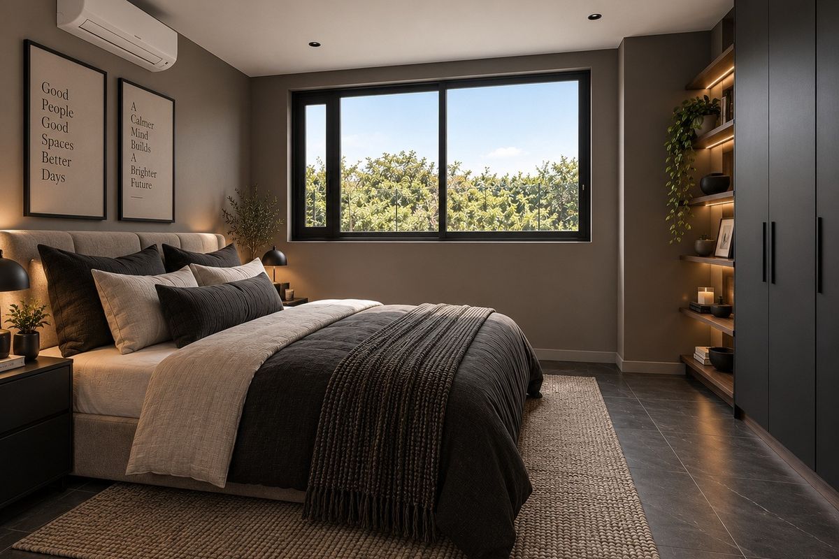 Modern bedroom featuring tiled flooring, built-in wardrobe, integrated shelving with accent lighting, and a split-system air conditioner.