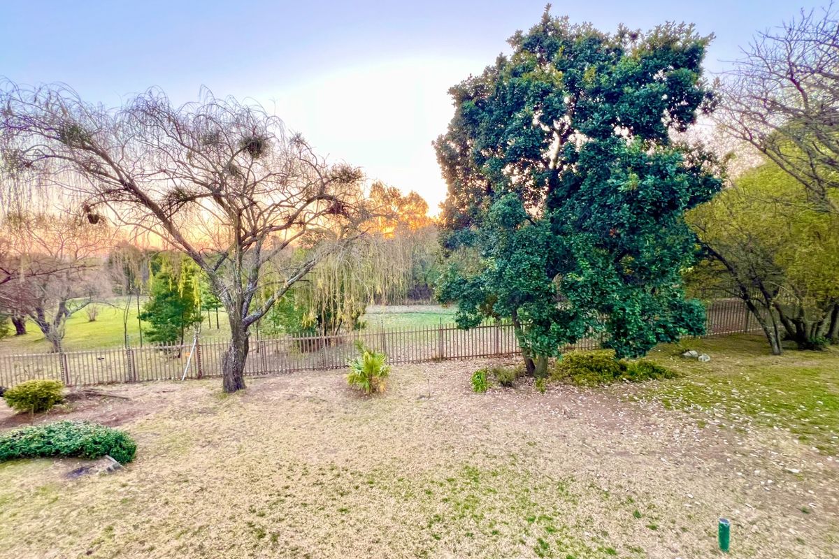 A view of the rear garden area featuring established trees, a lawn, and metal perimeter fencing at sunset.