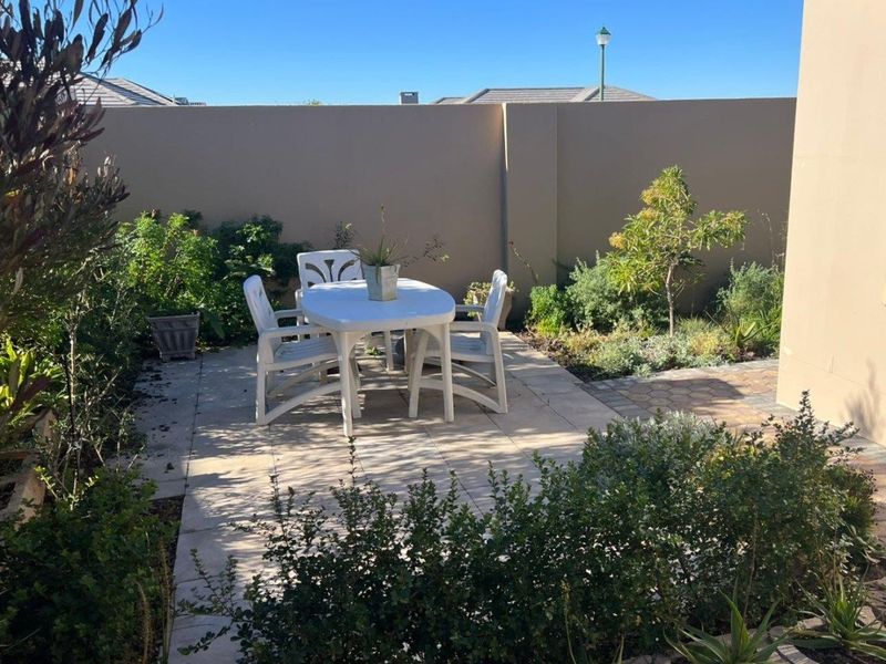 A private paved patio area enclosed by a boundary wall, featuring established garden beds and a sunny outdoor seating space.