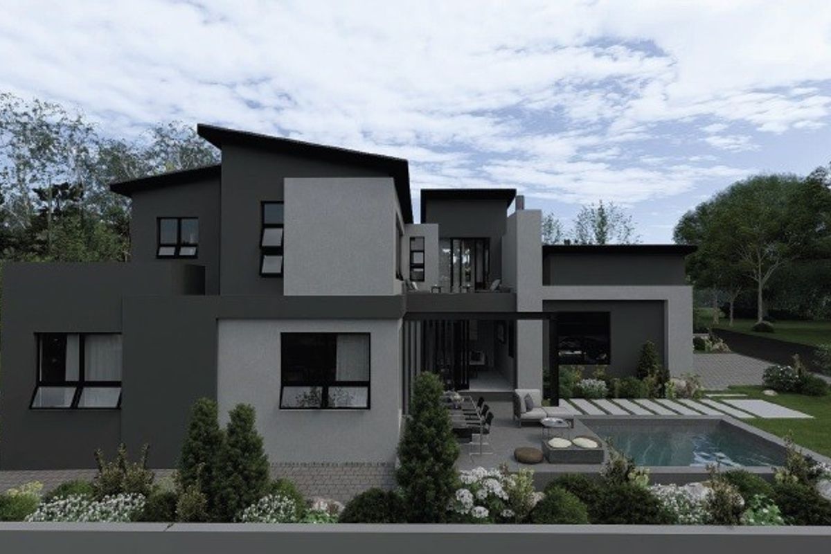 A modern two-story residential property featuring a rear patio, swimming pool, and landscaped garden area.