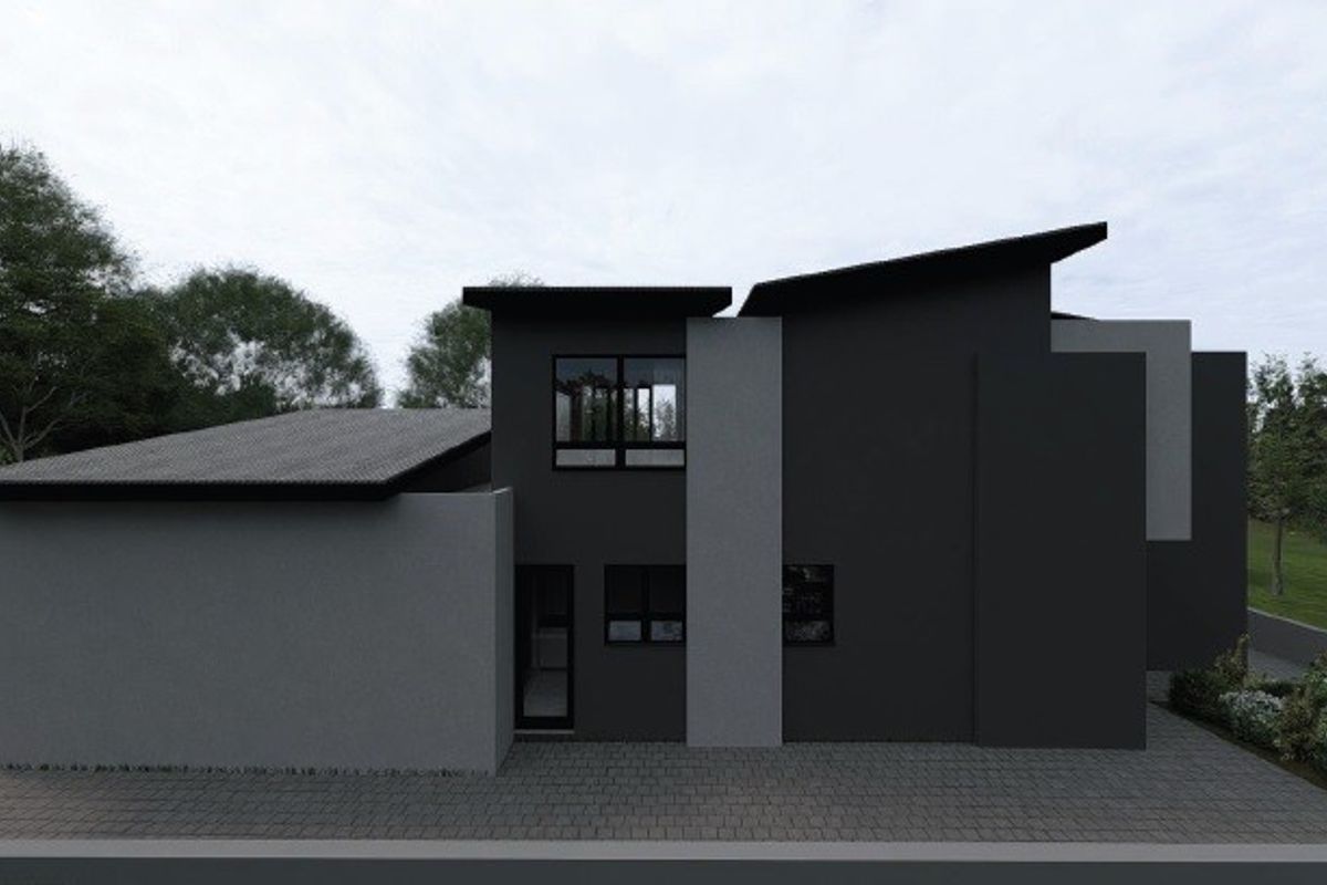 A modern architectural exterior view of a contemporary house featuring a dark facade, paved driveway, and clean geometric lines.