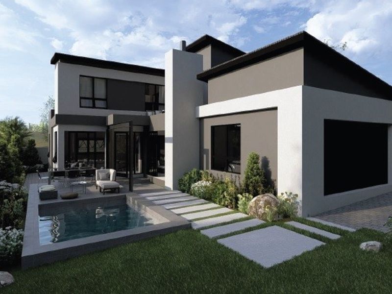 A modern rear exterior view featuring a contemporary house design, a small swimming pool, paved pathways, and a landscaped garden area.