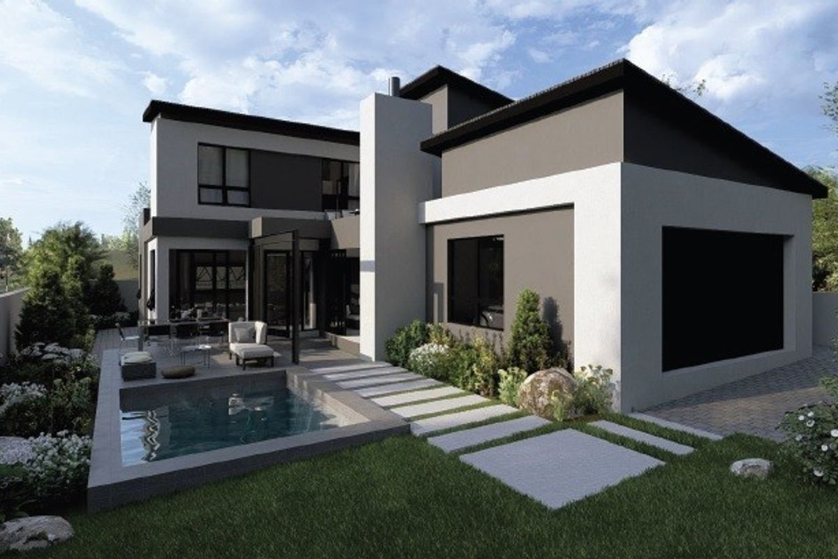 A modern rear exterior view featuring a contemporary house design, a small swimming pool, paved pathways, and a landscaped garden area.