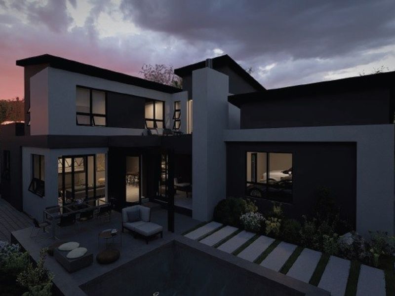A modern double-story home featuring a rear patio, swimming pool, and contemporary architectural design with clean lines and large windows.