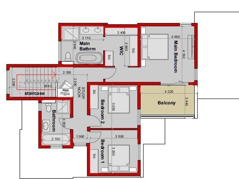 A detailed architectural floor plan showing the layout of the upper level, including three bedrooms, two bathrooms, a study nook, and a balcony.