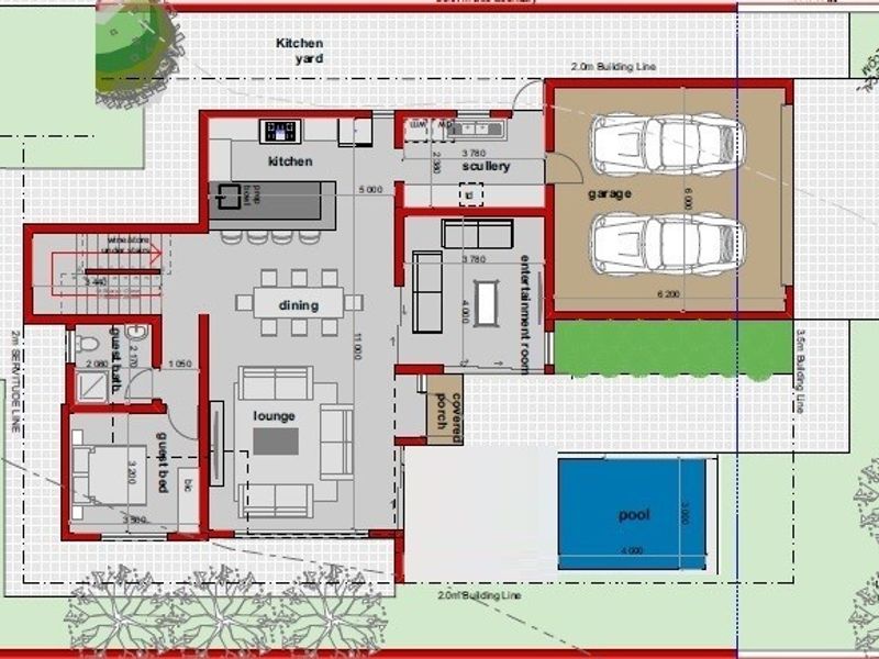 A detailed architectural floor plan showing the layout of the ground floor, including living areas, kitchen, garage, and pool.