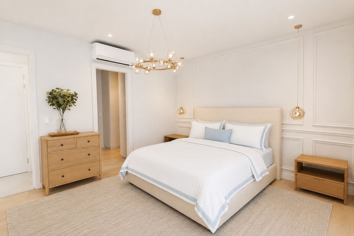 A bright and modern bedroom featuring elegant wall molding, recessed lighting, a split system air conditioner, and light hardwood flooring.