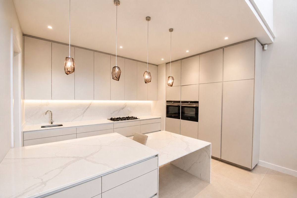 Modern kitchen featuring sleek handleless cabinetry, stone countertops, integrated double ovens, gas cooktop, and elegant pendant lighting.