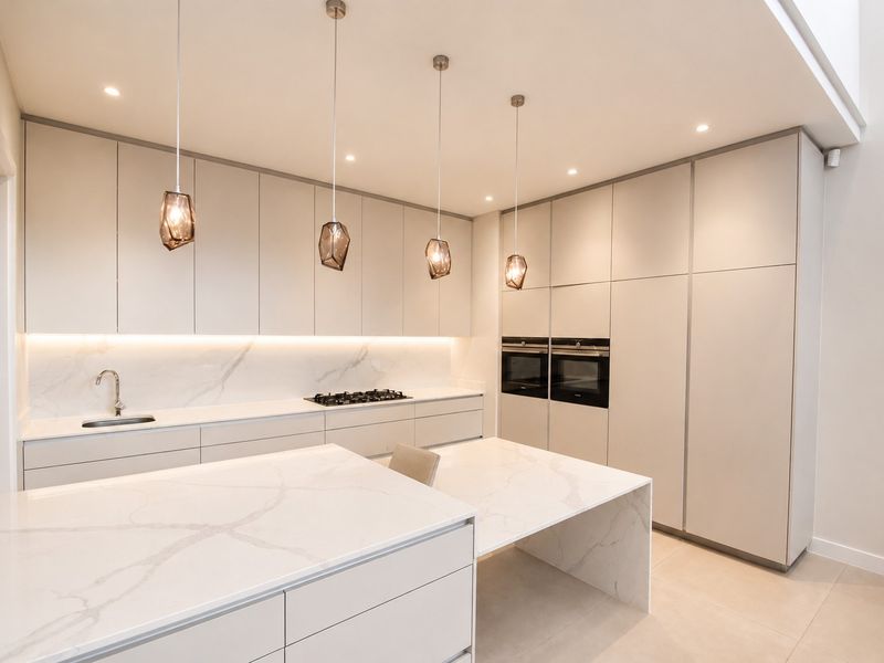 Modern kitchen featuring sleek handleless cabinetry, stone countertops, integrated double ovens, gas cooktop, and elegant pendant lighting.