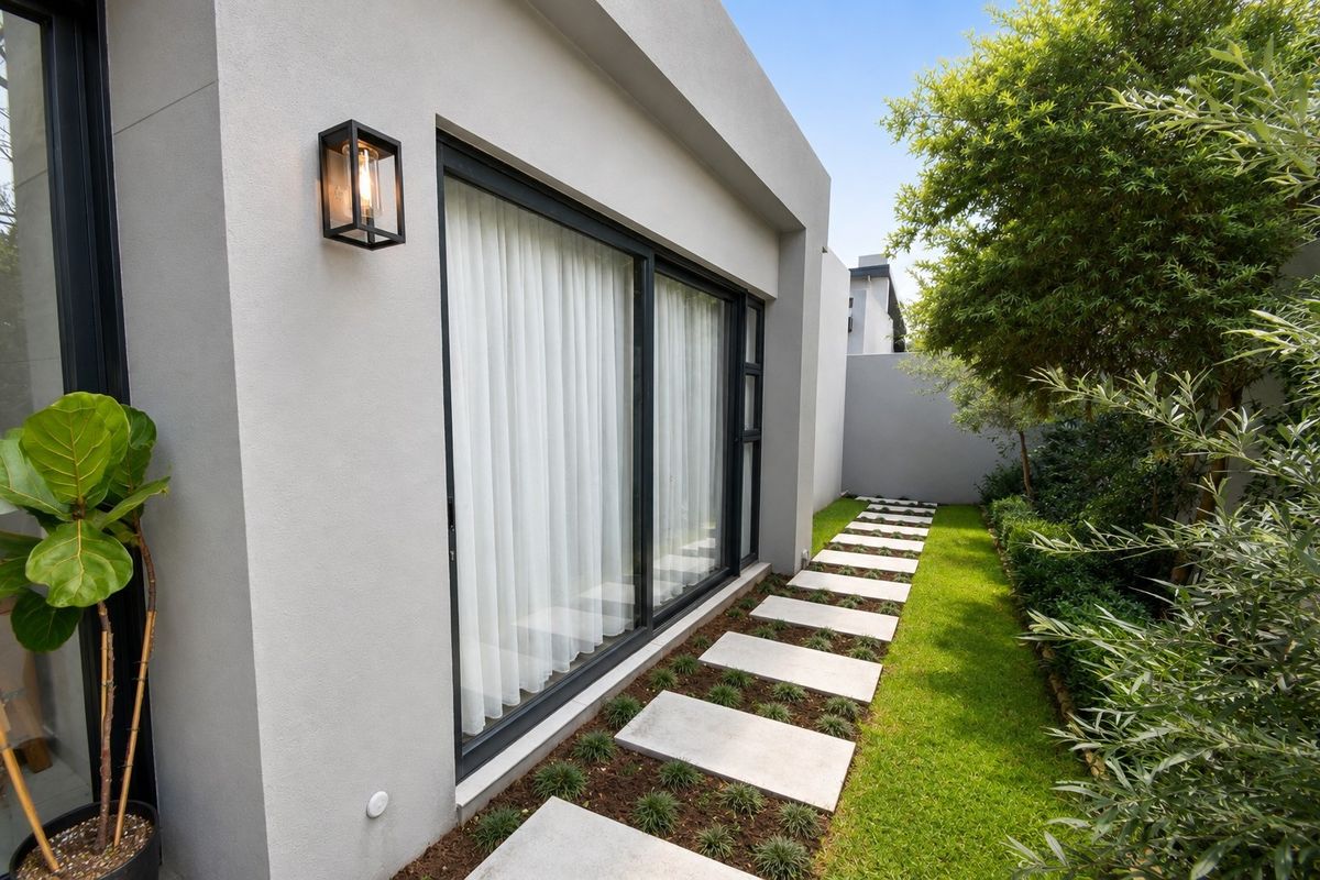 A well-maintained rear exterior featuring a modern sliding glass door, exterior wall lighting, and a neat concrete paver path set within a landscaped garden.