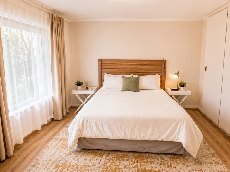 A well-maintained bedroom featuring light laminate flooring, neutral walls, and a large built-in wardrobe with ample storage space.