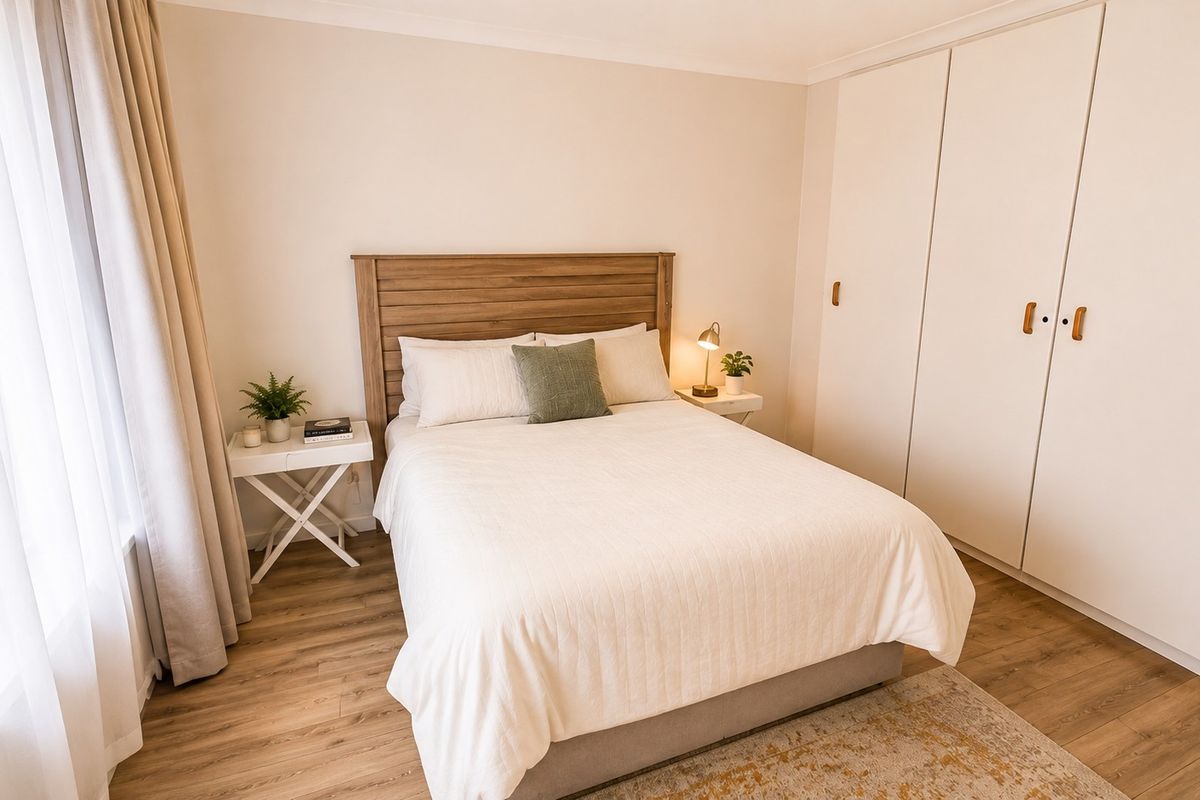 A well-maintained bedroom featuring light-toned laminate flooring, neutral walls, and a spacious built-in wardrobe with modern hardware.