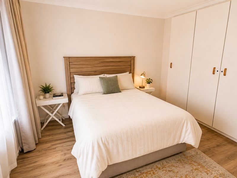 A well-maintained bedroom featuring light-toned laminate flooring, neutral walls, and a spacious built-in wardrobe with modern hardware.