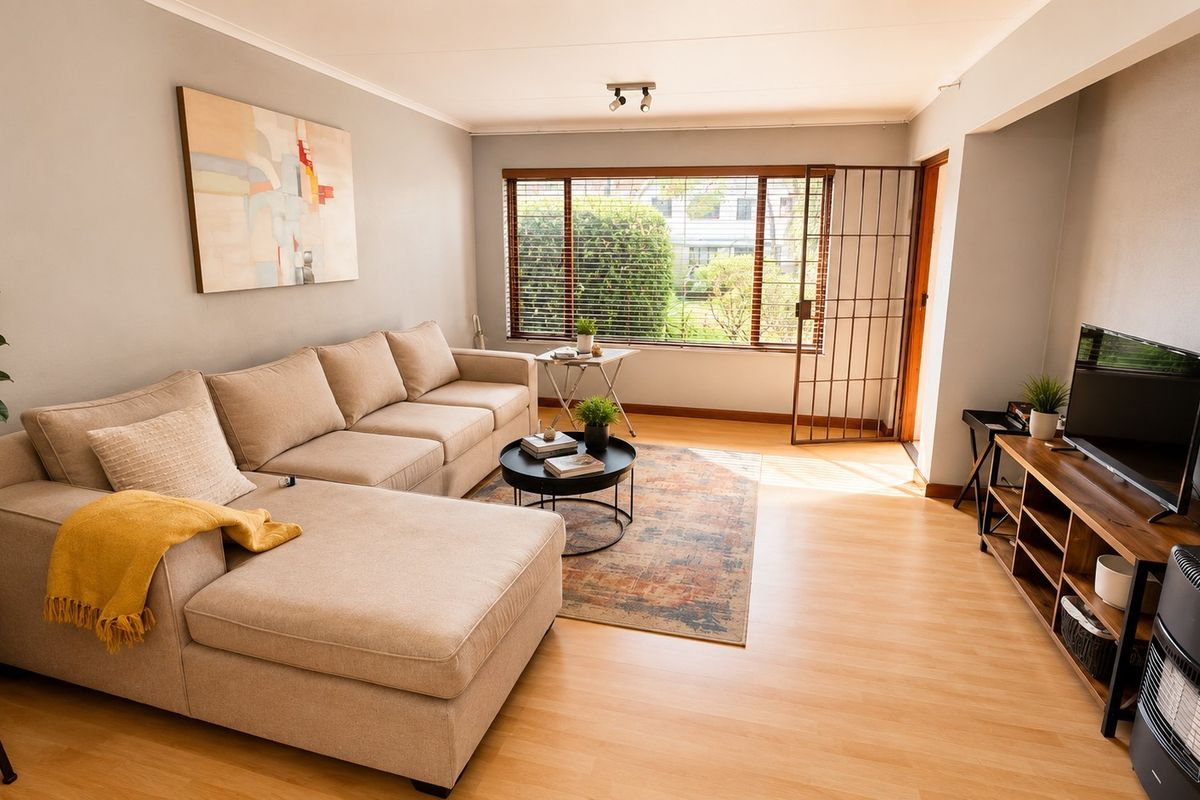 A bright and well-maintained living room featuring laminate flooring, neutral wall tones, and a security gate leading to the exterior.