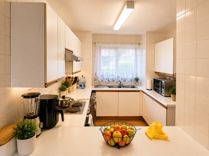 A functional U-shaped kitchen featuring white cabinetry, tiled splashbacks, integrated cooktop, and ample counter space with a window overlooking the exterior.