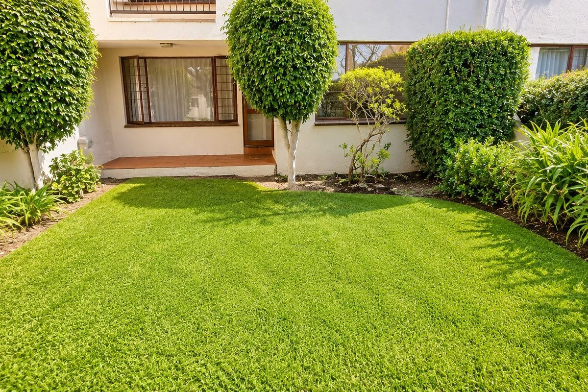 A well-maintained rear garden featuring a manicured lawn, established shrubs, and a small tiled patio area adjacent to the apartment building.