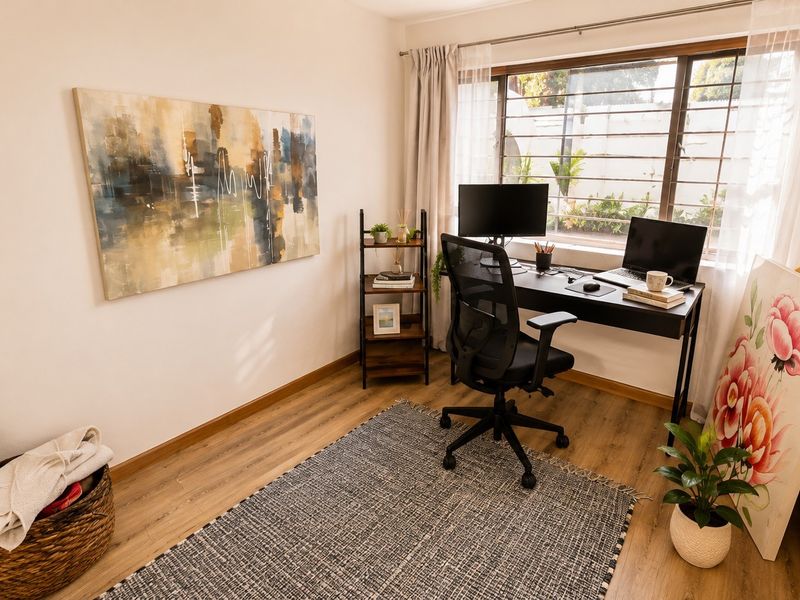 A bright and functional home office featuring durable laminate flooring and a large window that provides ample natural light.