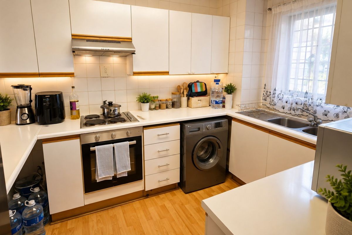 A functional kitchen featuring white cabinetry, integrated oven and hob, tiled backsplash, and a double sink with natural light from the window.