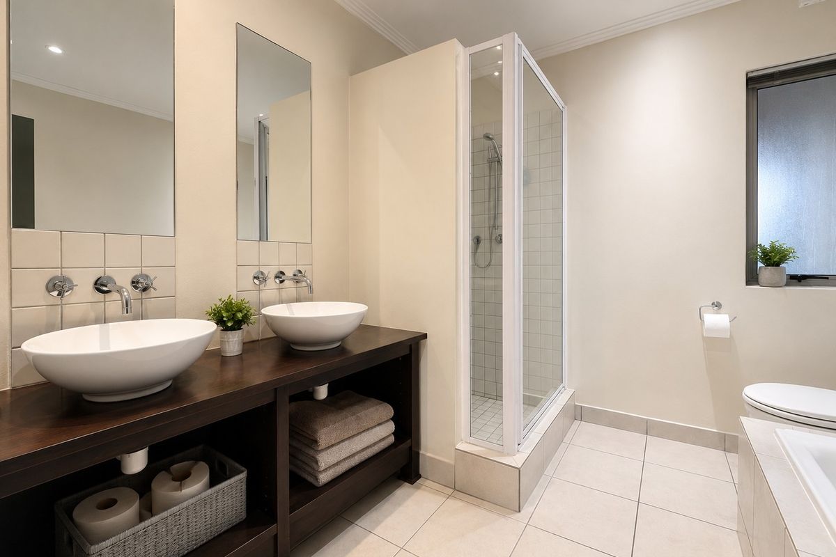 Modern bathroom featuring a double vanity with vessel sinks, wall-mounted faucets, a separate shower enclosure, and a built-in bathtub with tiled flooring.