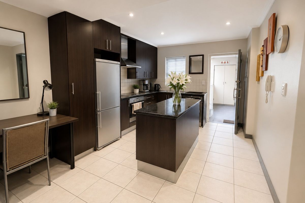 Modern kitchen featuring dark wood cabinetry, granite countertops, a central island, and tiled flooring, offering a functional and well-maintained cooking space.