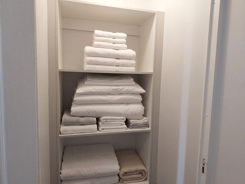 A built-in linen cupboard or utility storage space featuring fixed shelving.